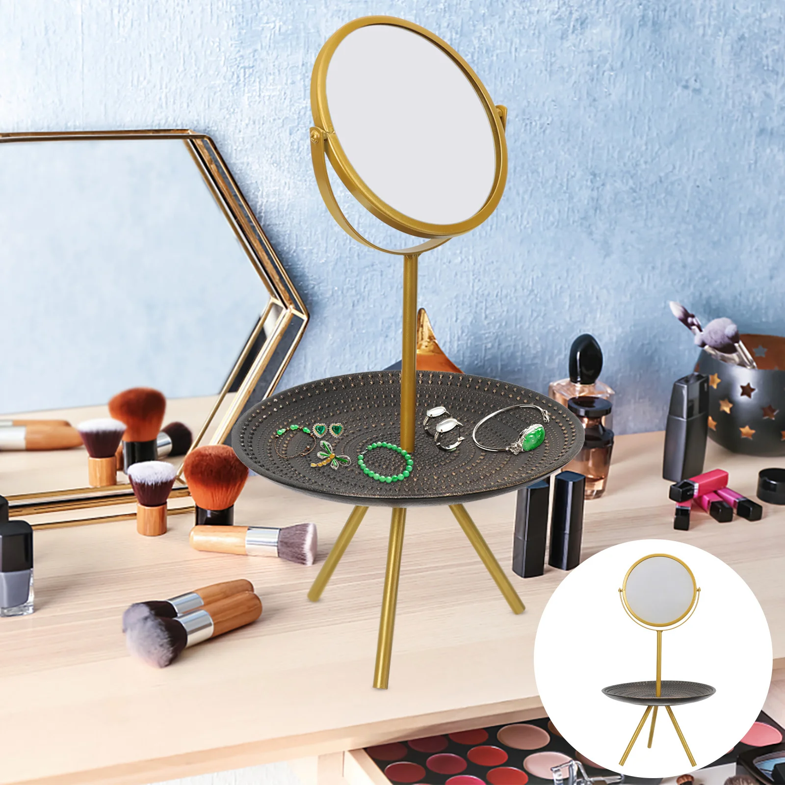 

Rotating Desk Makeup Mirror European Style Adjustable Angle Vanity Mirror with Jewelry Tray for Bedroom Office Tabletop