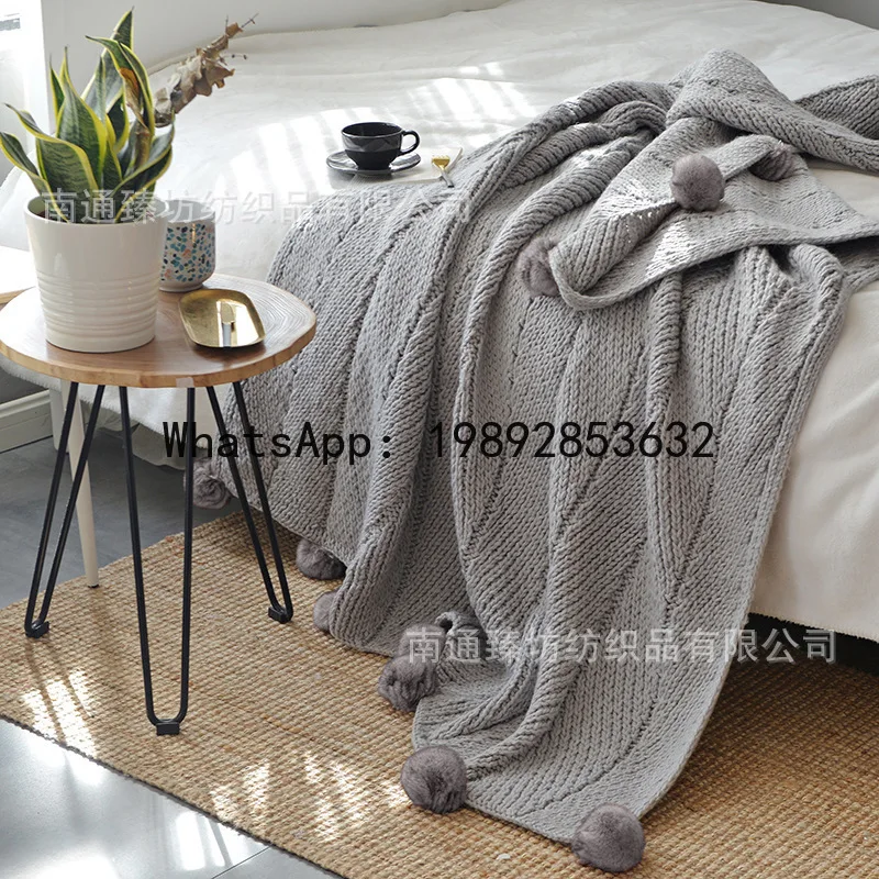 SLT Red Thickened Knitted Blanket with Hairball Corrugated Iceland Knitted Ball Blanket Decorative Blanket Air Conditioning