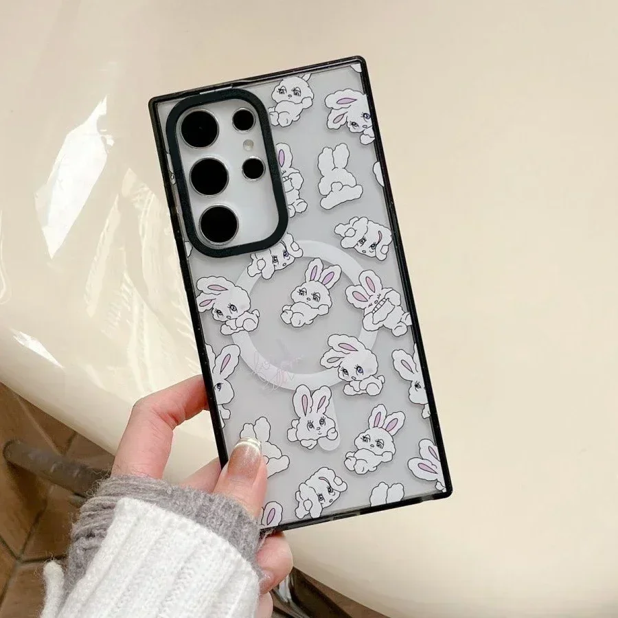 Casing Ponsel Magnetik Perbatasan Hitam Akrilik Magnetik Hati Kelinci untuk Samsung Galaxy S25 + Plus S24 S23 Ultra S25U Cangkang Pelindung