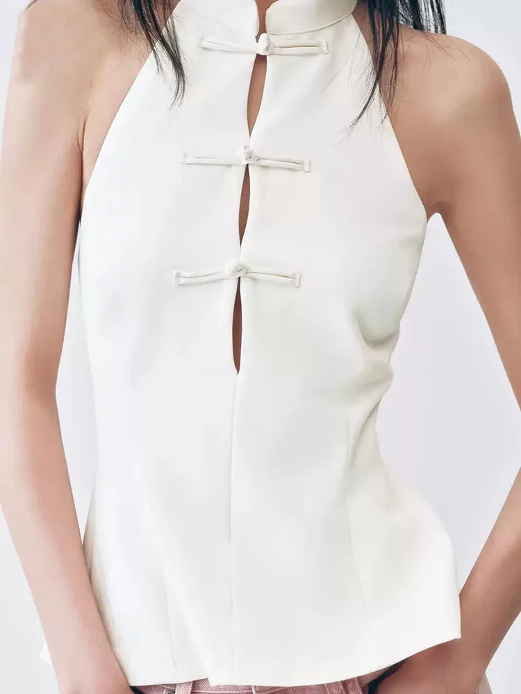 New Summer Women's Loose Style Backless Neck Rope Knot Top Chinese Ethnic Fashion Sleeveless Collarless Casual Comfortable