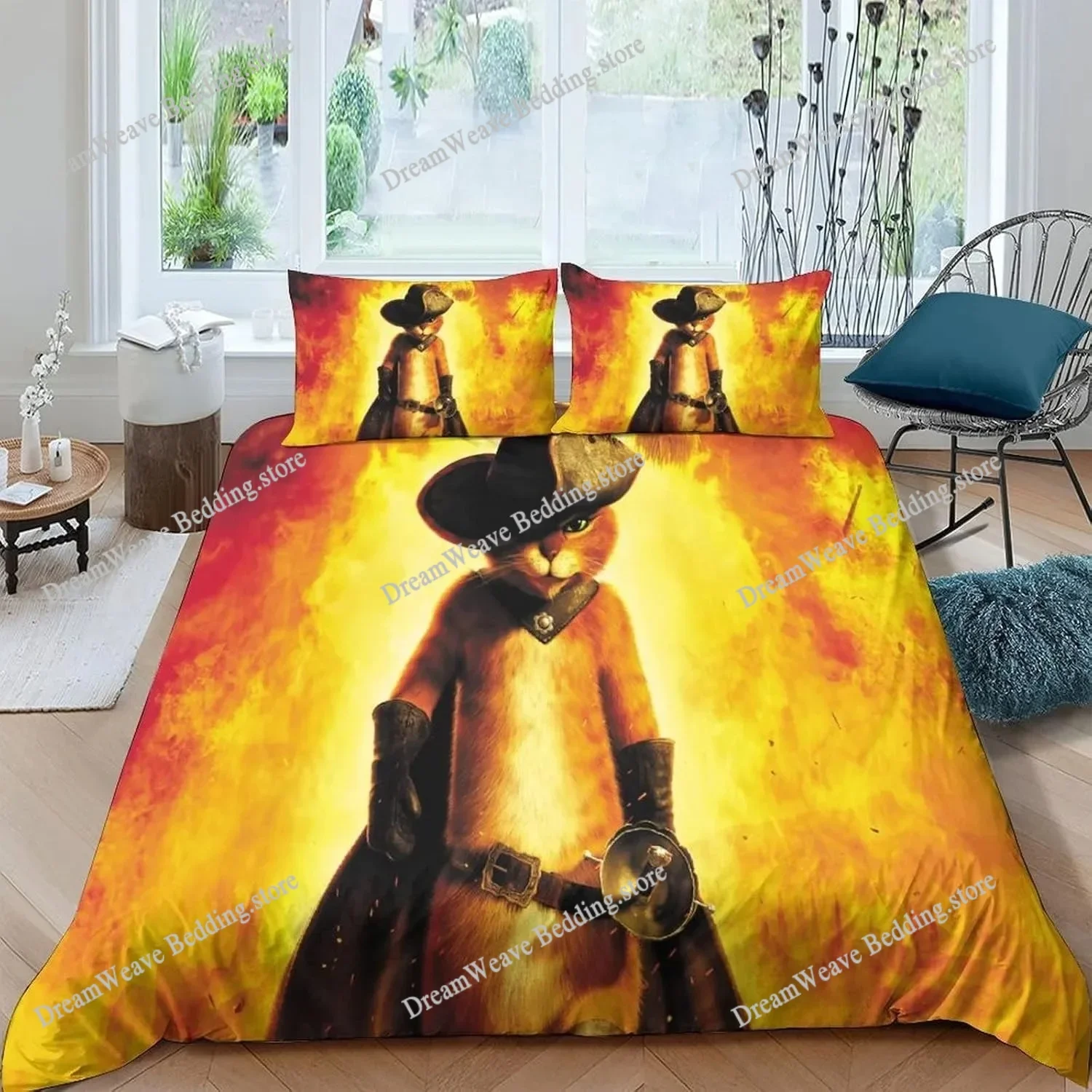 Exquisite 3D Cartoon Puss in Boots Wallpaper Cats Print Bedding Set Duvet Cover Comforter Bed Youth Kids Girls Boys Gift