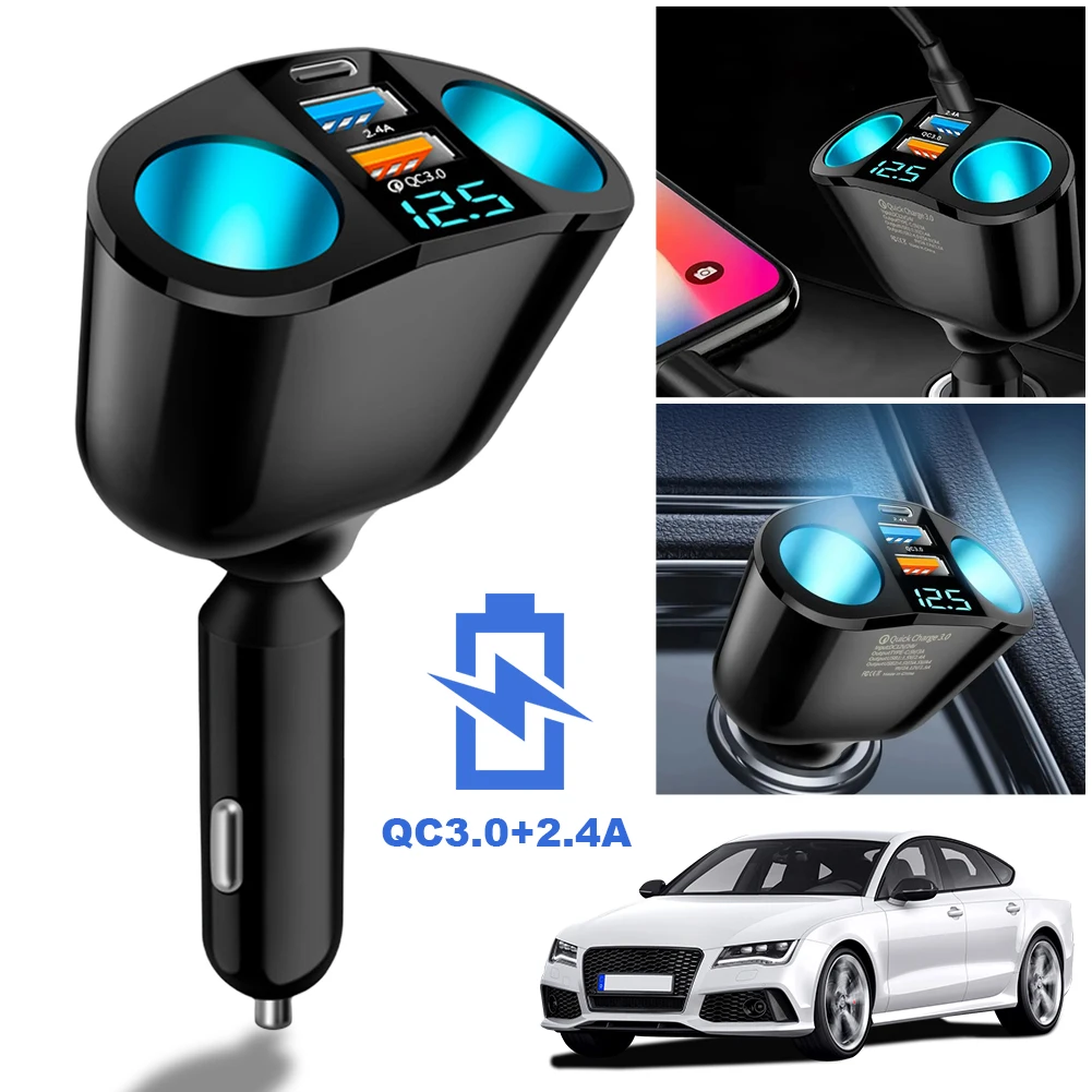 Car Cigarette Lighter Socket Splitter PD QC3.0 12V-24V 2 USB Charger C Ports Blue Atmosphere Light Quick Charge Car Charger 2.4A