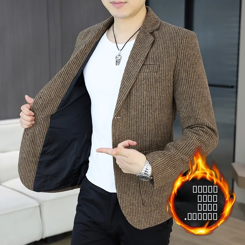 

Мужской шерстяной пиджак Thiened с двумя пуговицами, осенне-зимний, в полоску, приталенный, повседневный, модный, однобортный