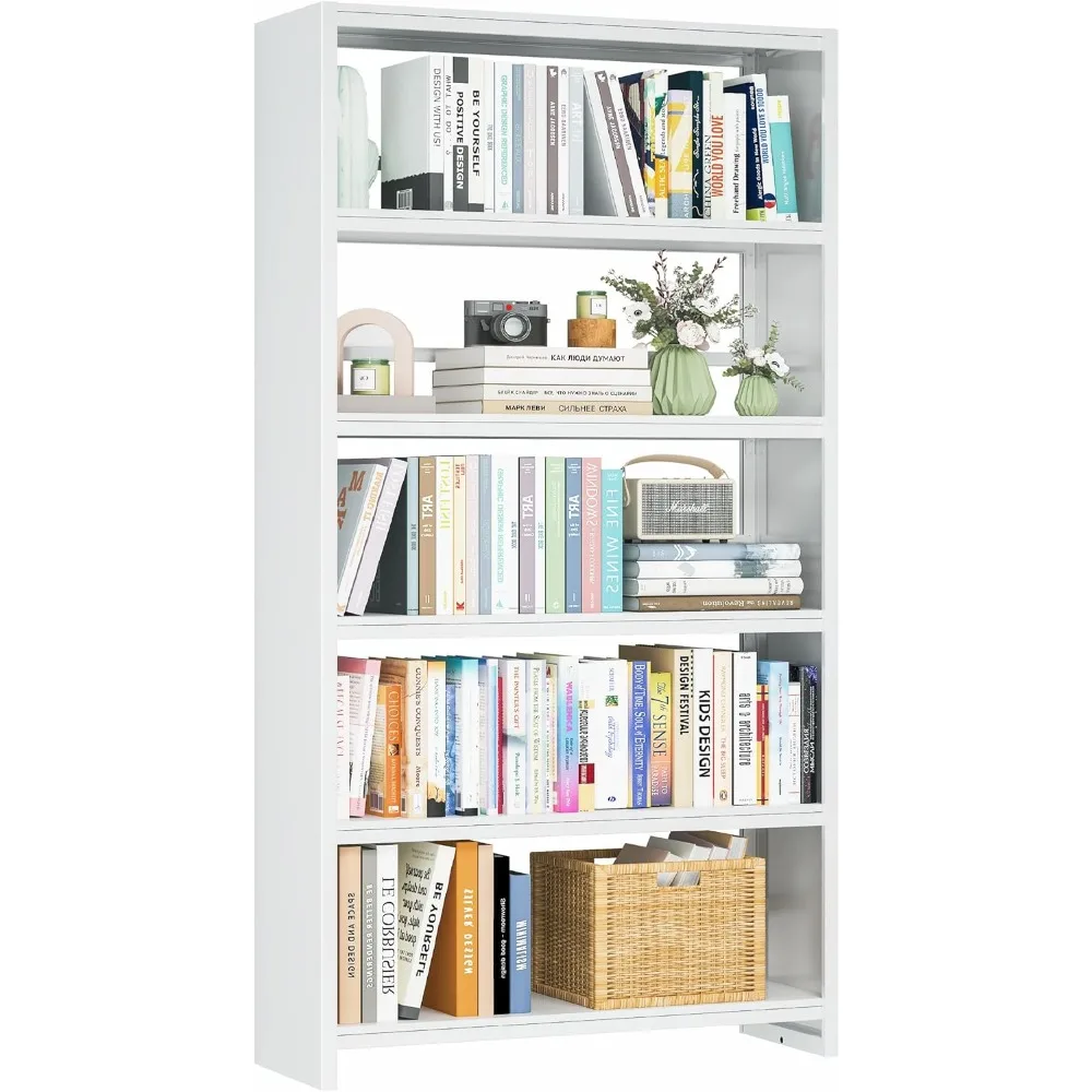 

5 Tiers Metal White Bookshelf - 69.3" Tall Bookcase, Display Storage Shelves with Bookend, Heavy Duty Steel Bookshelves for Livi