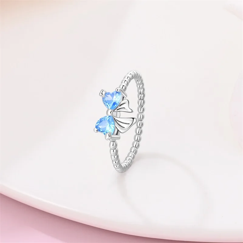 Rings For Woman 925 Silver Color Sweet Bow Pattern Chilly Blue Heart Shaped Zircon Star Ring Engagement Wedding Romantic Jewelry