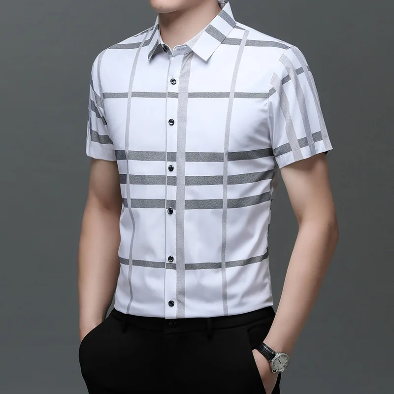 Summer New Popular Men\'s Clothing Short Sleeve Shirt Middle Youth Turn-down Collar Plaid Loose Fashion Business Casual Tops