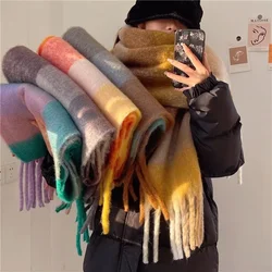 2024 Winter Thick Warm Scarf Women Cashmere Shawl and Wraps Pashmina Neckerchief Bufanda Female Rainbow Hairy Tessel Echarpe New