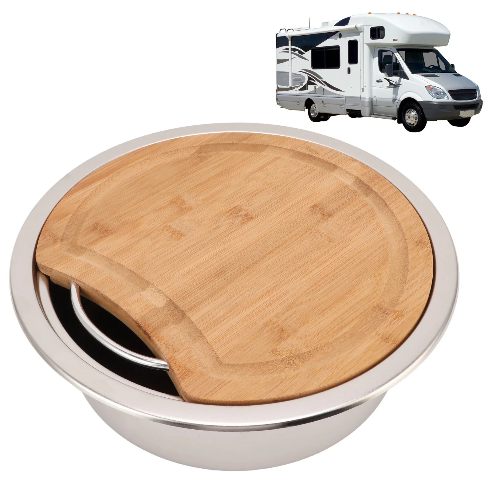 

360x120mm/14.17x4.72in RV 304 Stainless Steel Sink Round Hand Wash Basin Sink with Bamboo Chopping Block for RV Boat Accessories