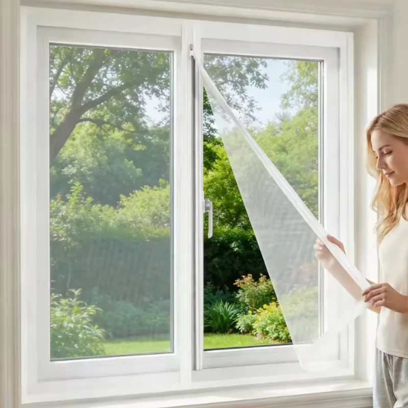 White Zippered No-Drill Self-Adhesive Window Screen, Easy Mosquito and Insect Protection for Living Rooms and Bedrooms