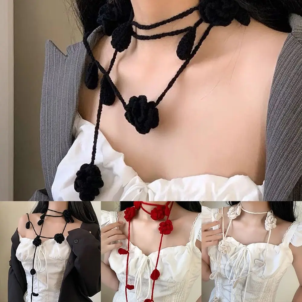 Collier de Rose multicolore Y2k polyvalent, longue écharpe, accessoires de décoration de chaîne de cou, fleur de Rose au crochet, écharpe de Rose pour fille