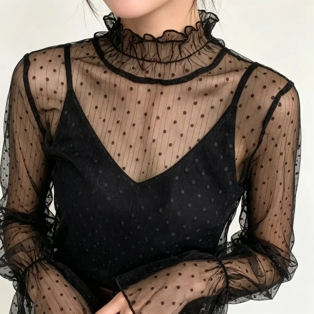 See Through Shirt Women Korean Japanese Ulzzang Seoul Daily 시스루 Black Lace Trim Neck Long Sleeve Sheer Mesh Polka Dot Lady