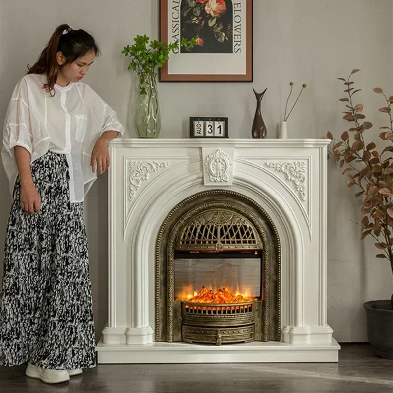 FF cqyLight French Cream White Vintage Solid Wood Fireplace Mantel Entrance Cabinet  Living Room Simulation Flame Fireplace Cabi