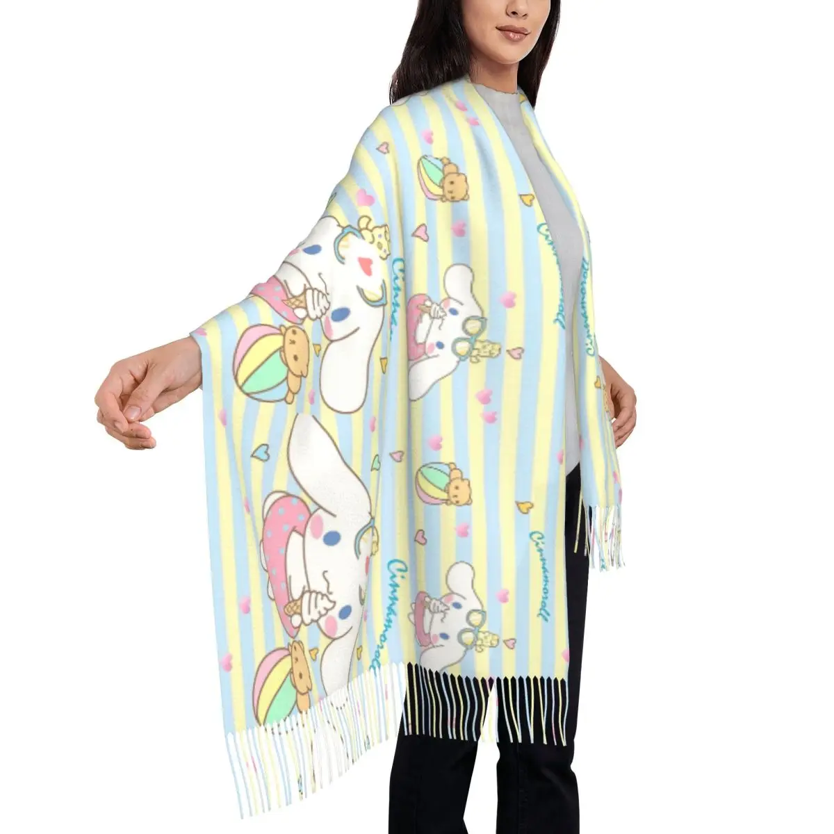 Écharpe de dessin animé Kawaii Cinnamoroll pour femme, long pompon, garde au chaud, châle rond, grandes écharpes imprimées, Bufanda drôle, Y2K, automne