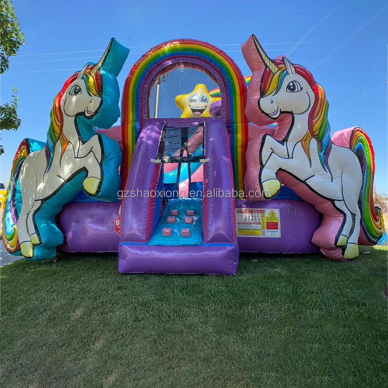 Kids Toddlers Commercial Outdoor Wet Dry Unicorn Rainbow Cartoon Theme Jumping Bouncy Castle Inflatable Bounce House with Slide