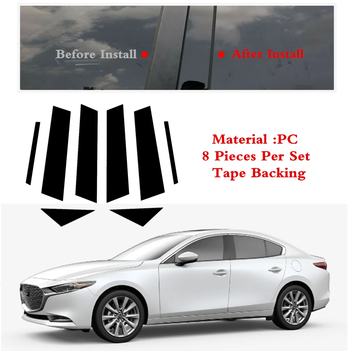 

Комплект накладок на стойки двери, черный комплект накладок, подходит для Mazda 3, Axela Sedan 2019-2023 гг.