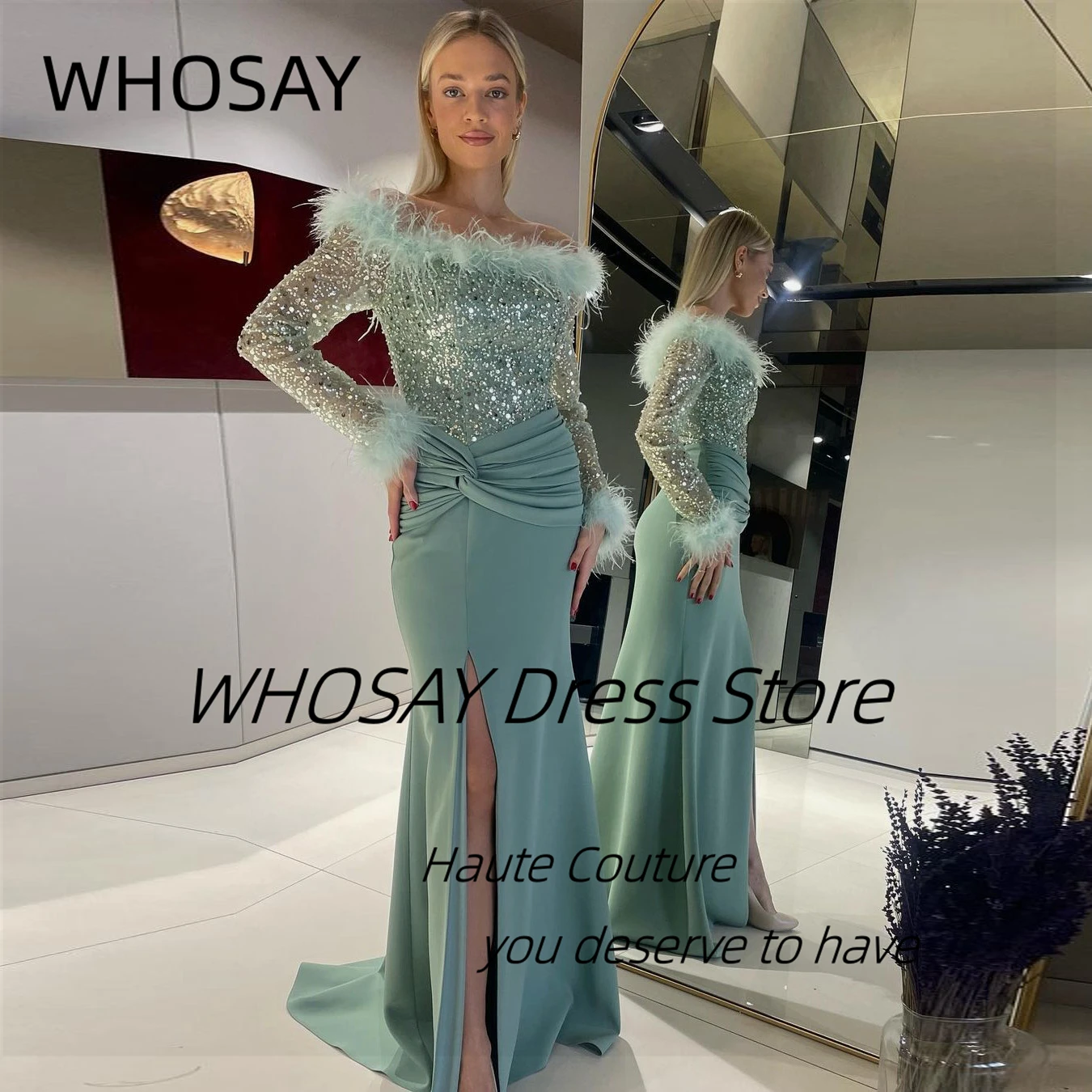 

WHOSAY Luxury Feathers Boat Neck Prom Dresses Sequins Long Sleeves Evening Gowns Ruched Side Slit Birthday Party Special Dress