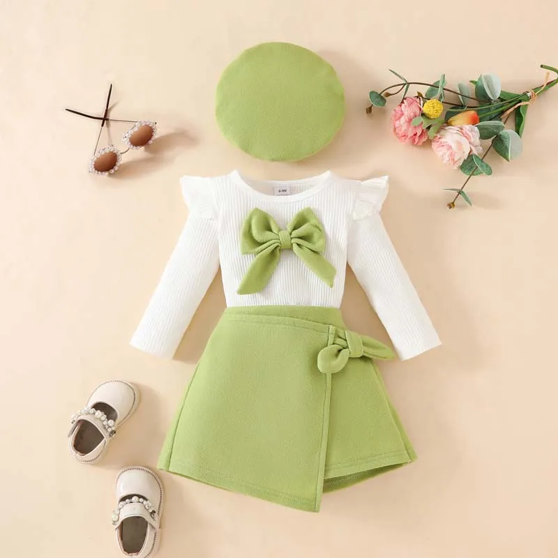 Autumn Toddler Baby Girl Clothes Fashion 3Pcs Set Pure Color Long Sleeve T Shirt Matcha Green Skirt and Hat Outfits 1-3Years Old