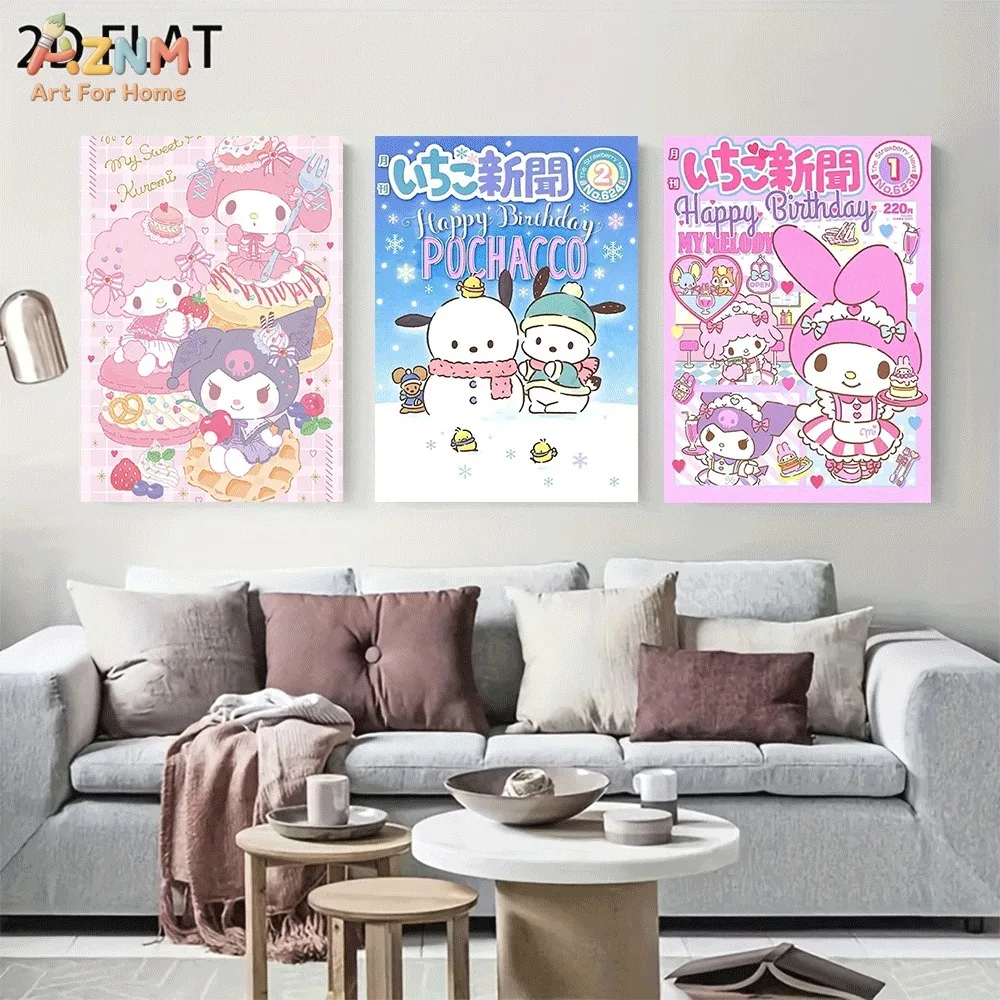 `Ichigo Shinbun Canvas Wall Art 3pcs Set, My Melody Kuromi Pochacco Birthday Magazine Poster, Kawaii Japanese Style Canvas