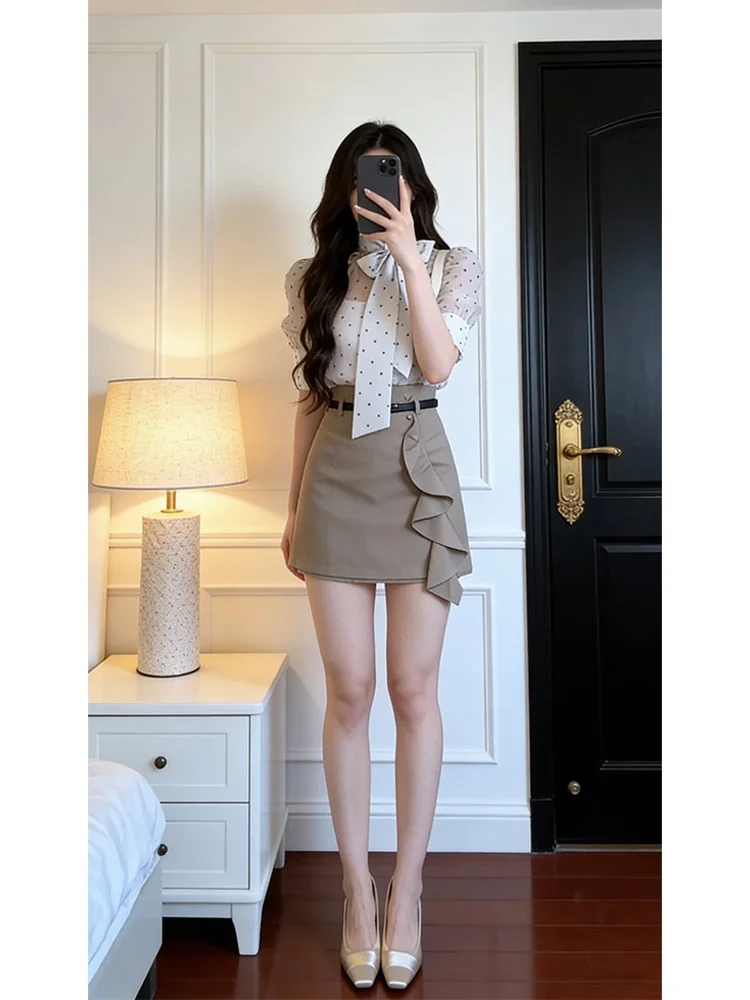 

Elegant Summer Commute Knot Polka Dot Shirt High Waist A-Line Skirt Two-Piece Set Women's Fashion Ensemble
