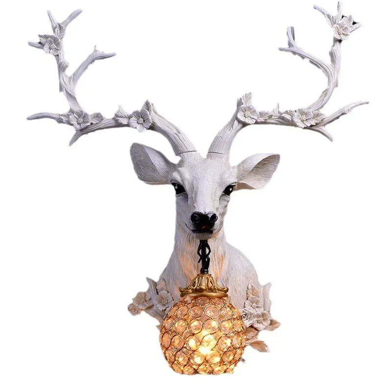 American lucky deer head wall  retro living room TV wall creative entrance restaurant decorative lamp antler lamp wall