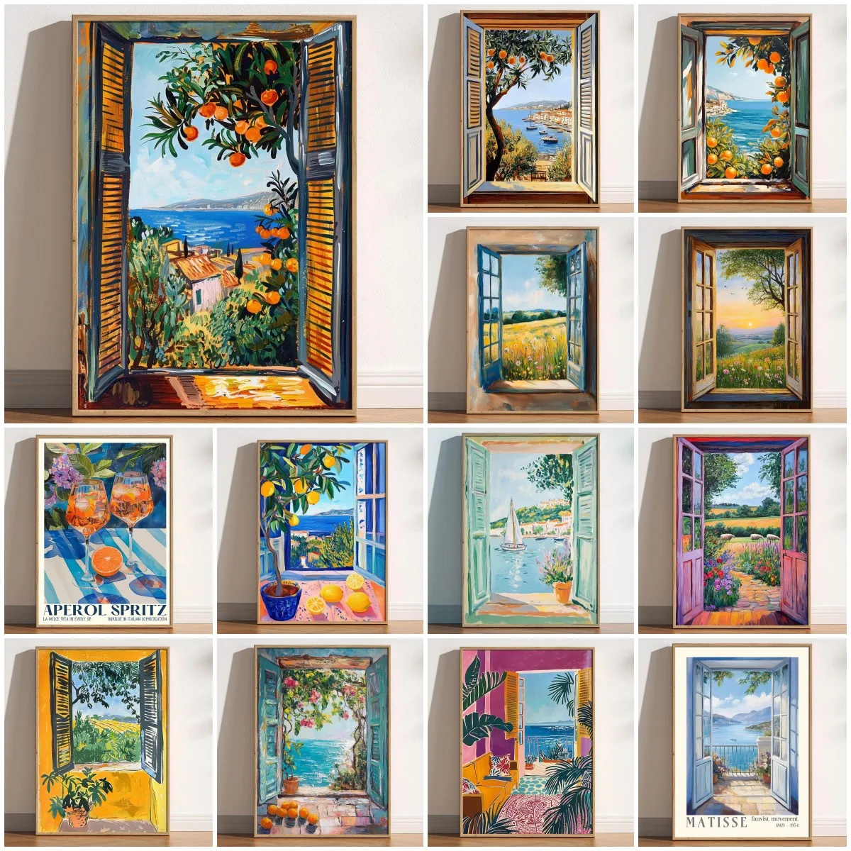 Impresión de ventana abierta abstracta retro, pintura de fauvismo, impresión de exposición moderna, patio de vidrieras de campo, cartel de paisaje vintage