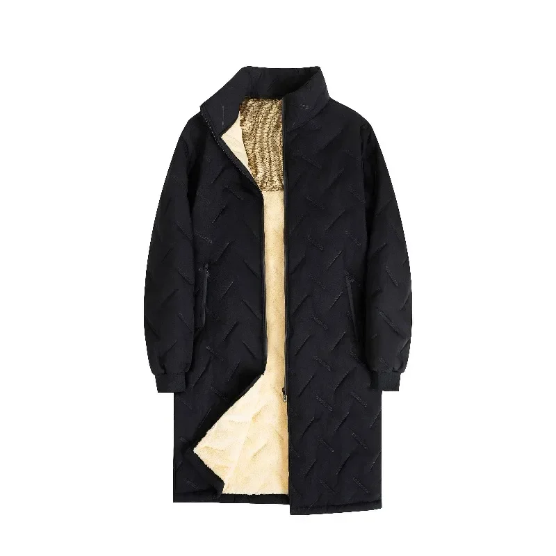 Man's Mid Length Parka Coat Autumn Embossed Quilted Ultrasonic Parkas Man Winter Lambswool Fleece Lined Jackets Thick Outerwear