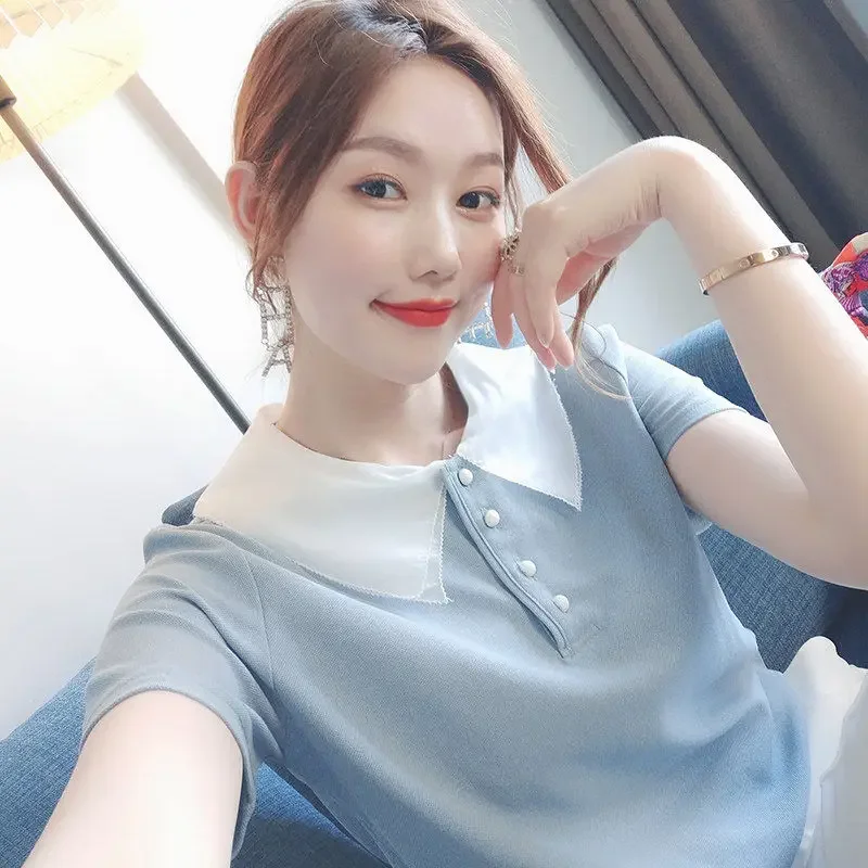 เสื้อโปโลแขนสั้นคอTเสื้อผู้หญิงSlimผู้หญิงTshirt Clearance Tee Y2kแฟชั่นเกาหลี 2025 คุณภาพสูงผู้หญิงเสื้อผ้า