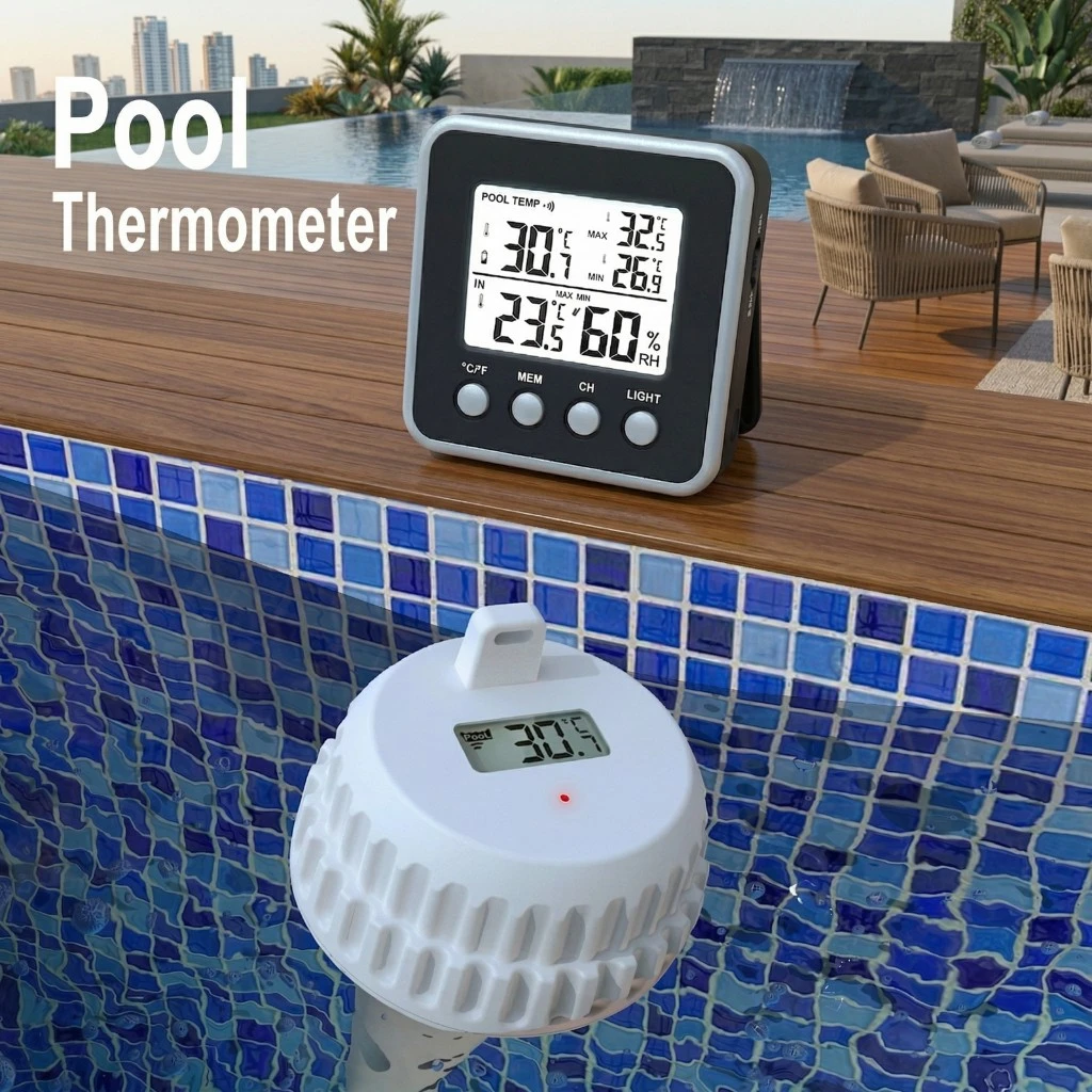 Wireless Floating Swimming Pool Thermometer, Swimming pool thermometer Monitor with 500FT Range, Digital LCD Display, for Pools