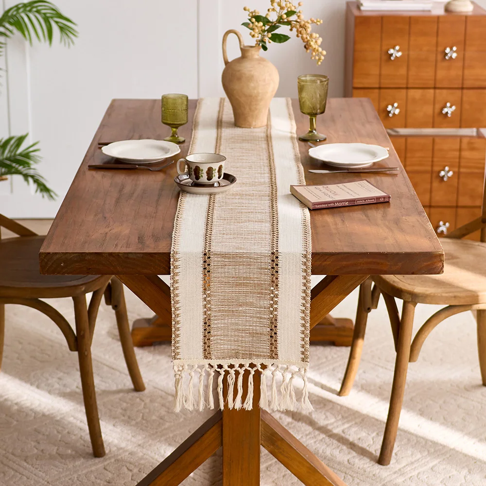 Khaki Macrame-Style Boho Farmhouse Table Runner with Tassels Rectangular Design Durable Fabric for Home Restaurant Kitchen Decor
