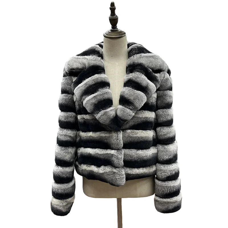 Real Rex Rabbit Fur Coat Women Autumn Winter Short Jacket Thick Warm Fashion Chinchilla striped jacket Elegant Female Outerwears