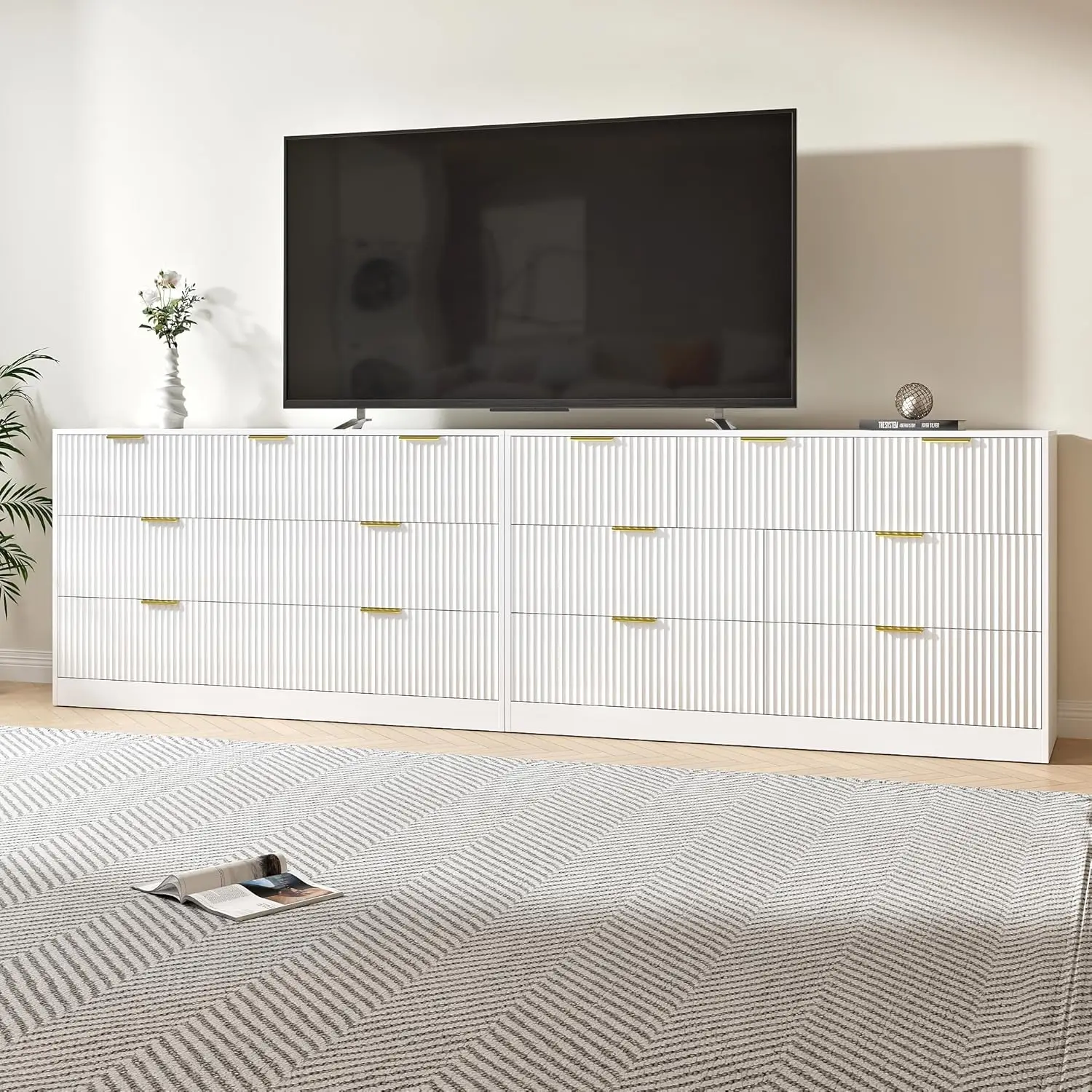 #White Wooden Long Dresser Set 14 Drawers Fluted TV Stand Bedroom Closet Furniture 110.2