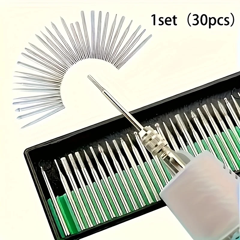 Juego de rebabas de molienda de diamante, 30 unidades, punta de aguja, grabado, tallado, pulido, brocas de 2,35/3mm para Kit de herramientas rotativas de piedra de Jade de vidrio