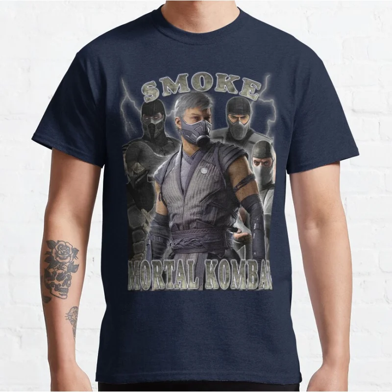 Smoke 80s retro video game vintage Mortal Kombat Short-sleeve crewneck T-shirt for men Large size