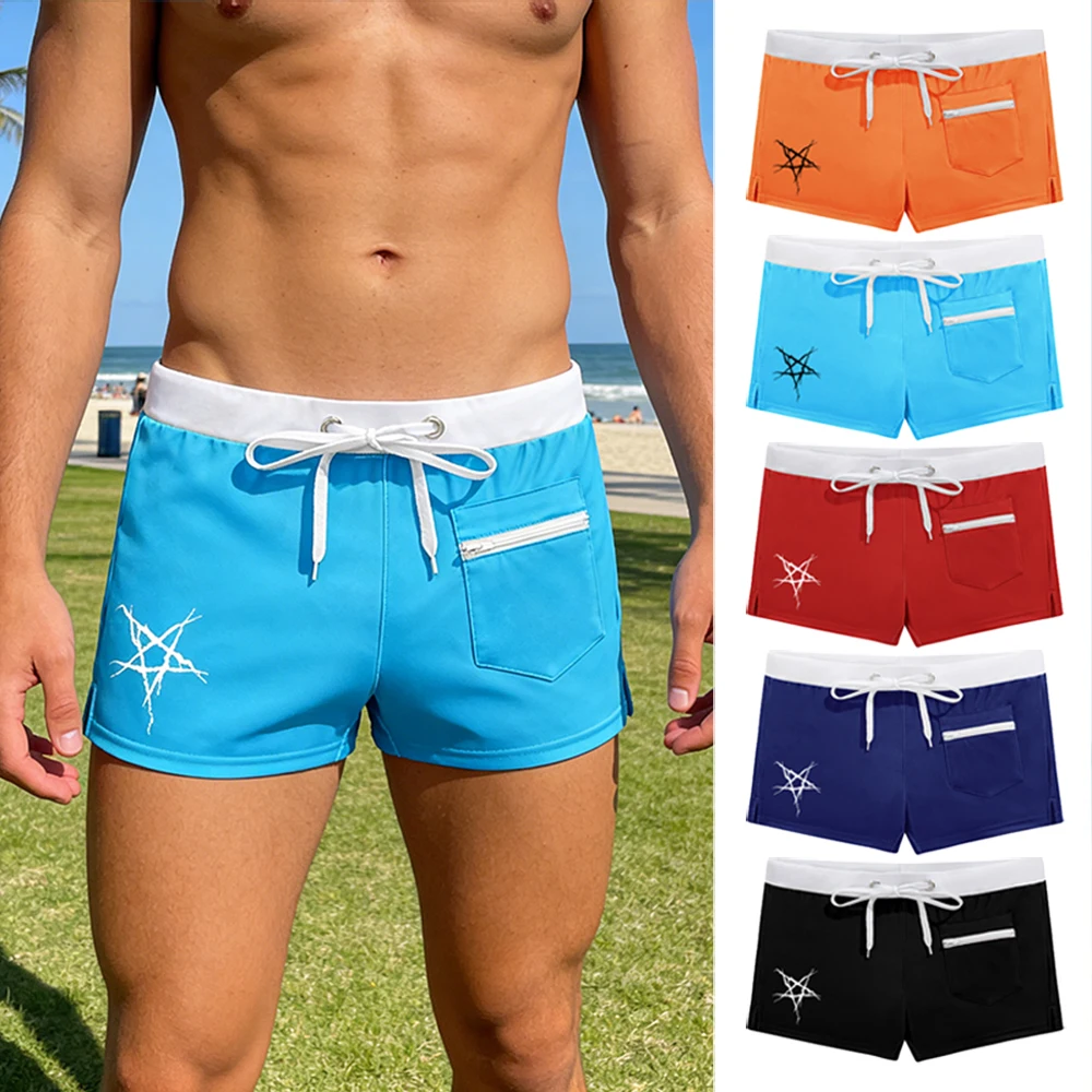Summer Men Quick Dry Square Leg Swim Briefs Contrast Color Waistband Board Shorts with Front Zipper Pocket Star Pentagram Print