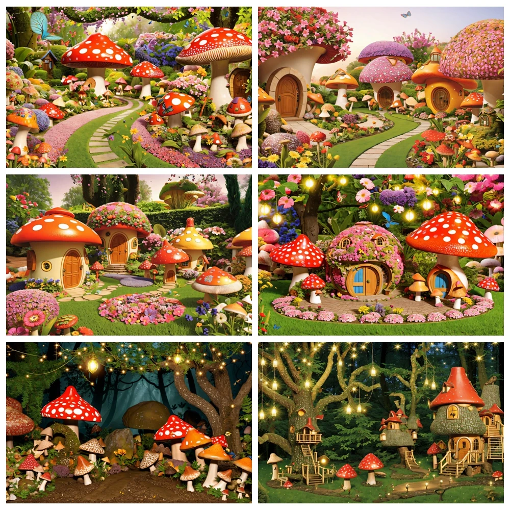 

Fairy Tale Mushroom Backdrop Spring Garden Princess Baby Shwoer Birthday Party Photography Background Decor Photostudio Props