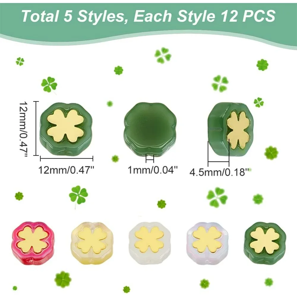 60Pcs 5 Colors Four Leaf Clover Bead Enamel Flower Glass Beads Millefiori Glass Loose Spacer Bead Lucky Beads for Jewelry