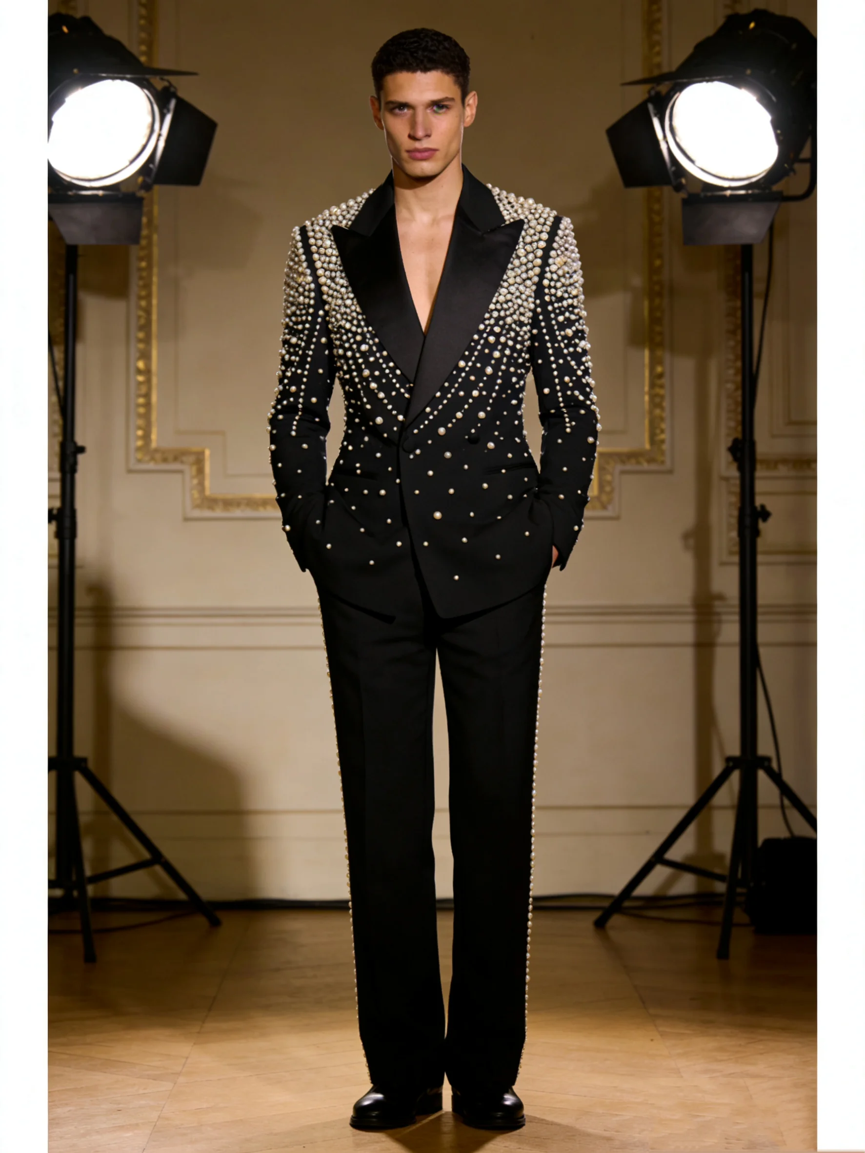 

Luxury Pearls Men Suit Set 2 Pcs Black Blazer+Pants Trousers Wedding Tuxedos Formal Office Business Jacket Coat Customized