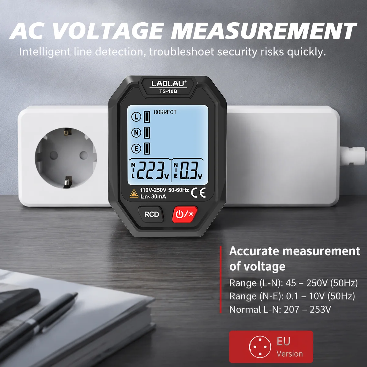 TS-10B EU Plug Socket Tester, Electrical Outlet Receptacle Checker, LCD Voltage Display, Wiring Fault Detector, RCD Leakage Test