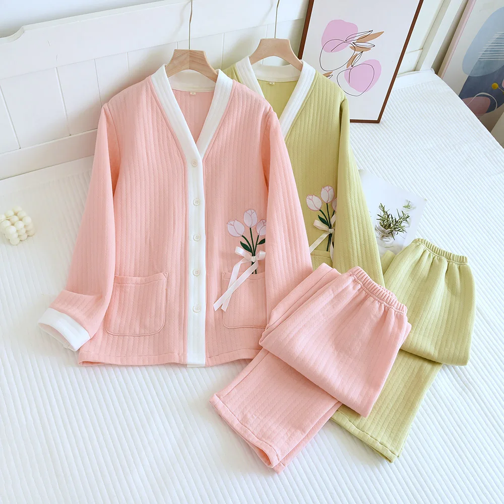 V-Neck Embroidered Tulip Warm Home Pajamas Solid Simple Ladies Sleepwear Woman Long Sleeve Cardigan Floral Top+Loose 2PCS Winter