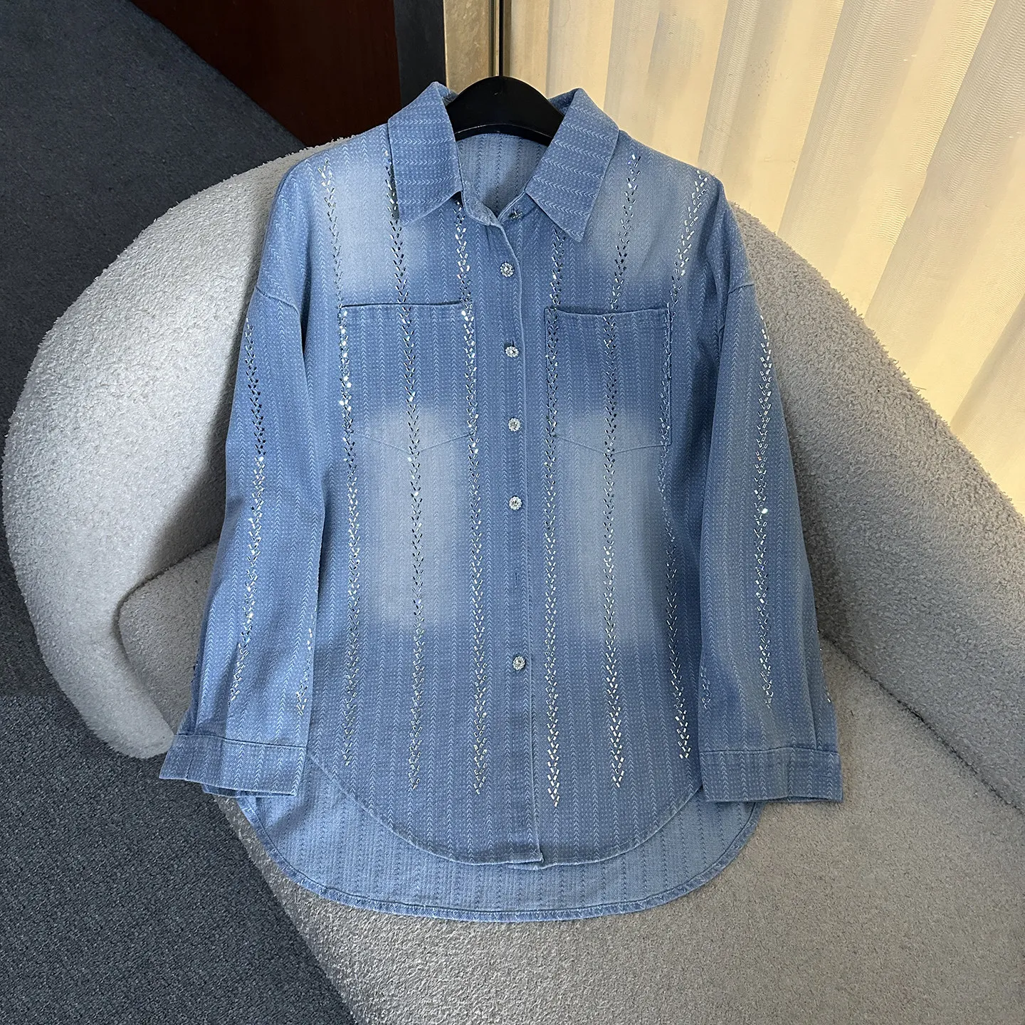 

2026 spring Heavy Industry New Rhinestone Striped Long Sleeve Denim Shirt coat, Loose Casual Mid-Length Top
