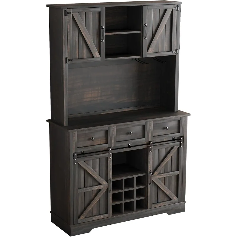 72 Armadietto da bar con anta scorrevole per fienile e portabottiglie, mobile con cassettiera con contenitore e 3 cassetti, Farmhouse Cof