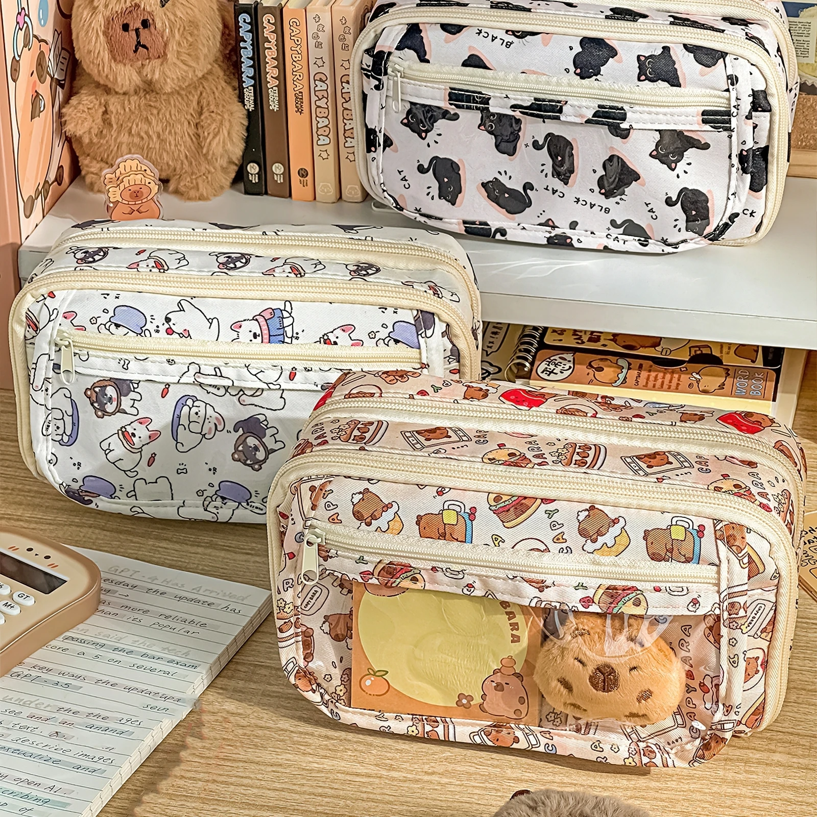 Imagem -02 - Animal dos Desenhos Animados Bolsa de Lápis Pen Case Capivara Dog Cat Flip Cover Transparente Frente Multi Bolso Bolsa de Armazenamento F7665