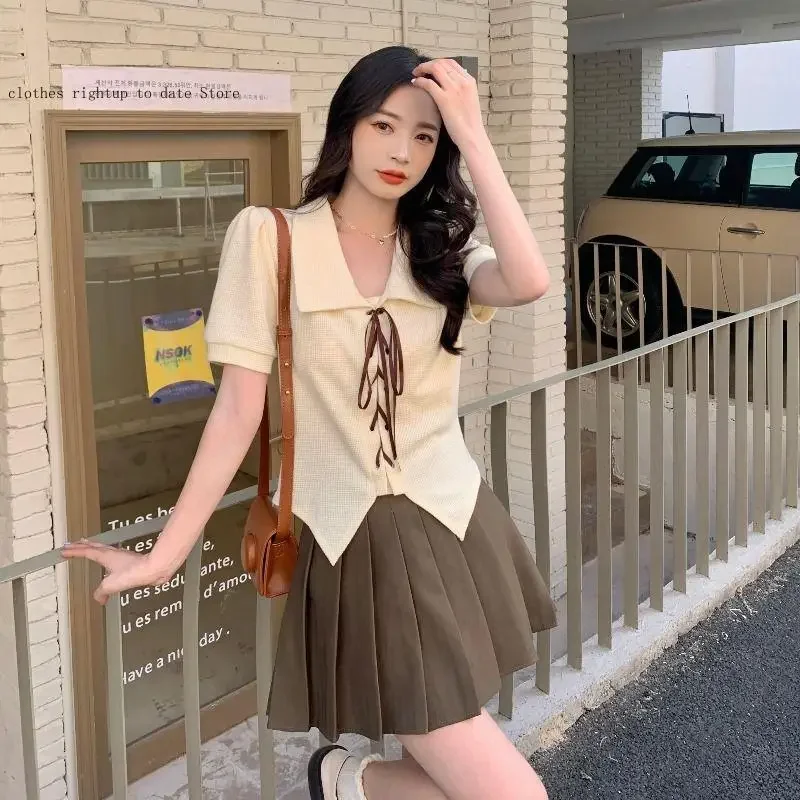 Women's Sweet and Spicy Style Strap Design Short Sleeve Summer Bubble Sleeve Short Style Female Leisure