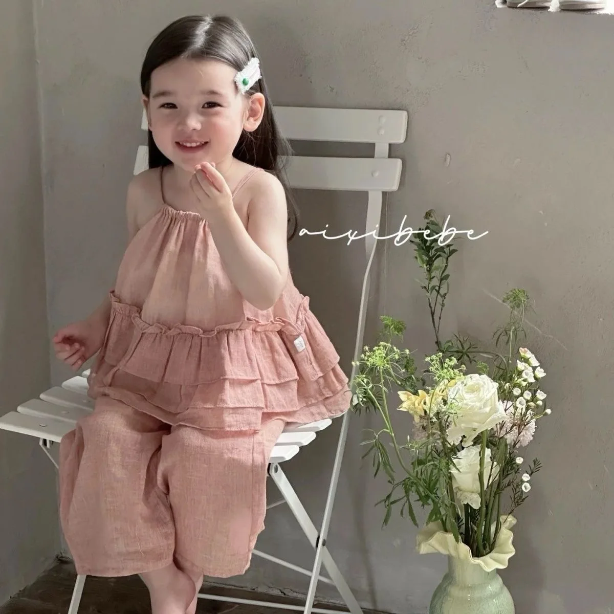 

Two-piece Set Girls' Summer Outfit New Stylish Children's Korean Version Suspender Doll Shirt Lace Wide Leg Pants Suit