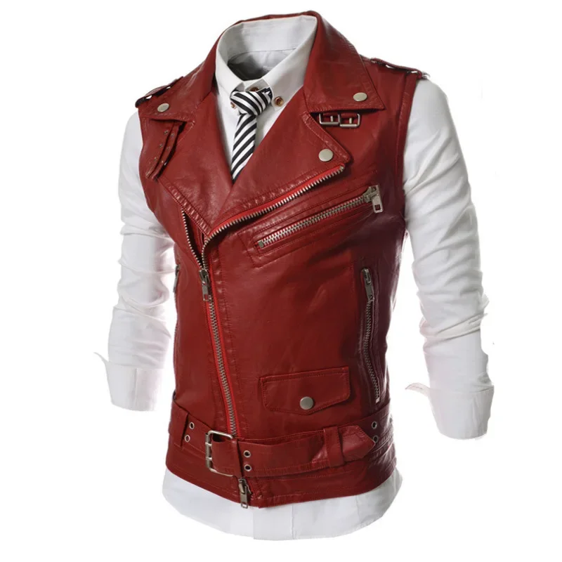 2023 Men\'s Lapel Leather Vest Korean Version Slim Fit PU Leather Sleeveless Coat Multi Pull Chain Leather Vest