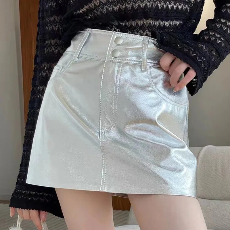 

2024 Lady Luxury Leather Skirt Silver Women Short Skirt Spring Autumn Mini Dress Genuine Sheepskin TF6500