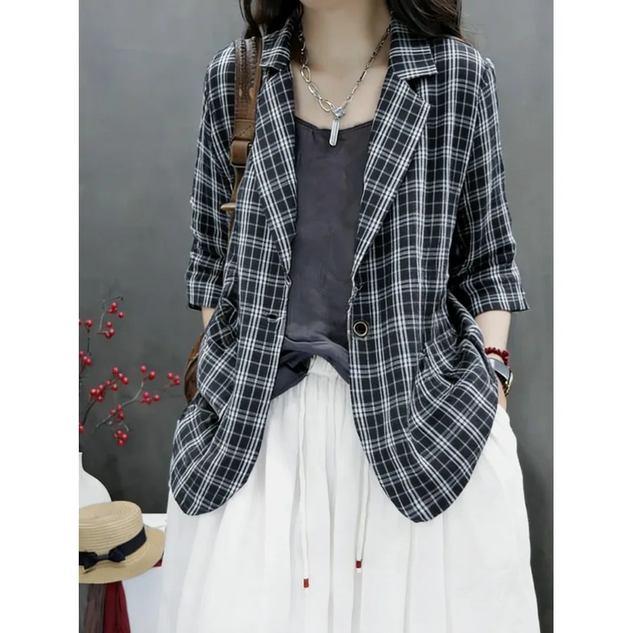 

Women's plus Size Fashionable Plaid Texture Single Button Suit Jacket Spring Summer New Arrival Versatile Outerwear Coat