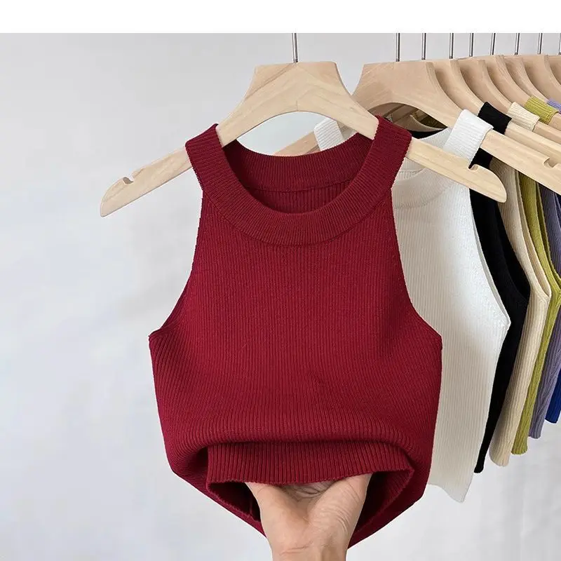 Frauen Solide Rundhals Rippen Tank Top Leibchen Frauen Sommer Grundlegende Elastische 2026 O Neck Solide Tank Top