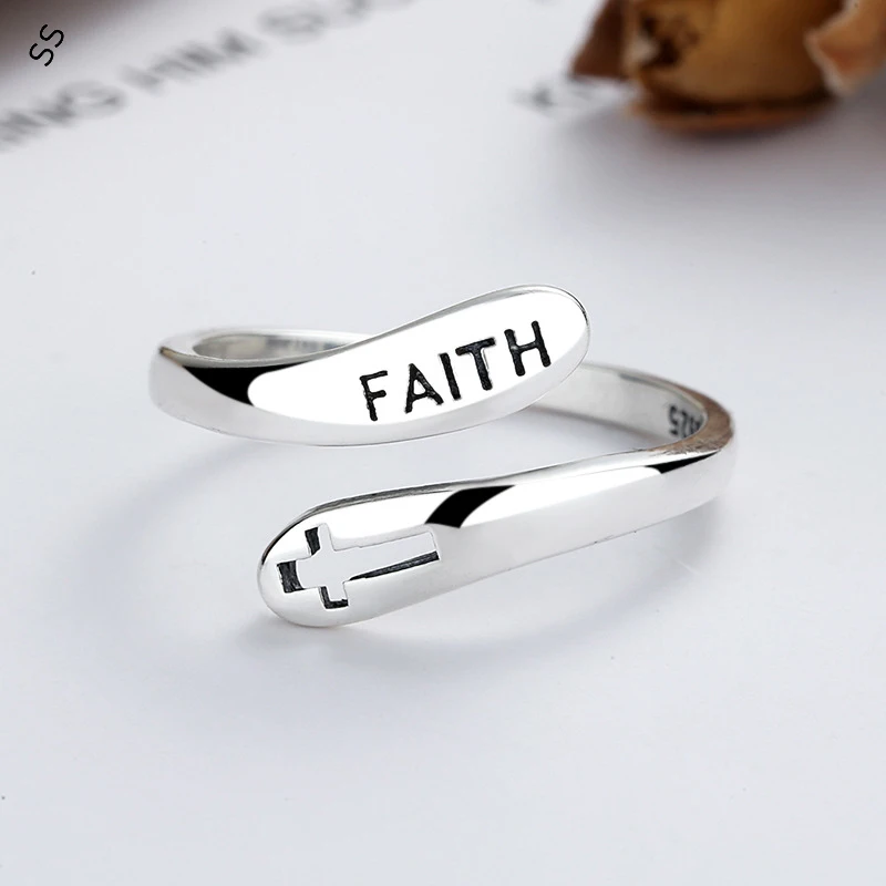 S925 Harbour Wind Lettered Cross Hollow Open Ring for Lover Faith Design Fashion Hand Ornament Accessories Charms Men/Women