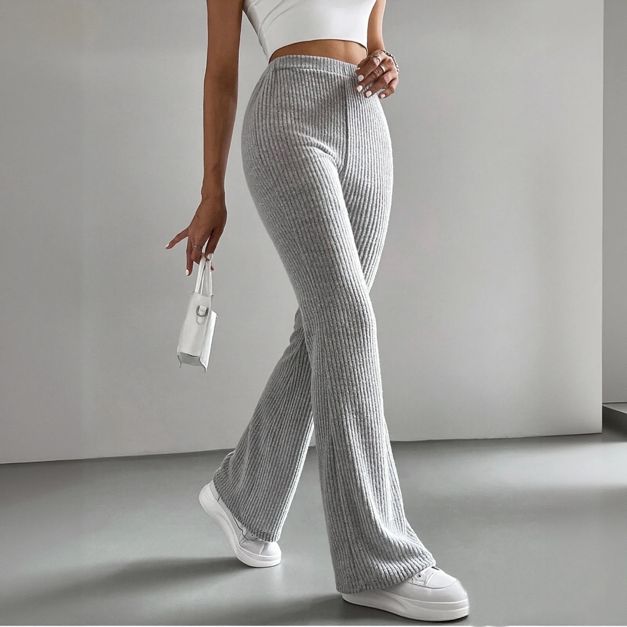 Women Ribbed Knitted Flare Pant 2025 Spring Autumn Fashon Slim Solid High Waist Trousers Female Casual Street Vintage Chic Pants